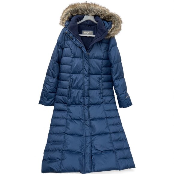 Eddie Bauer Puffer Long Jacket Coat Removable Hood Fur Women's Medium Tall MT - Picture 3 of 11